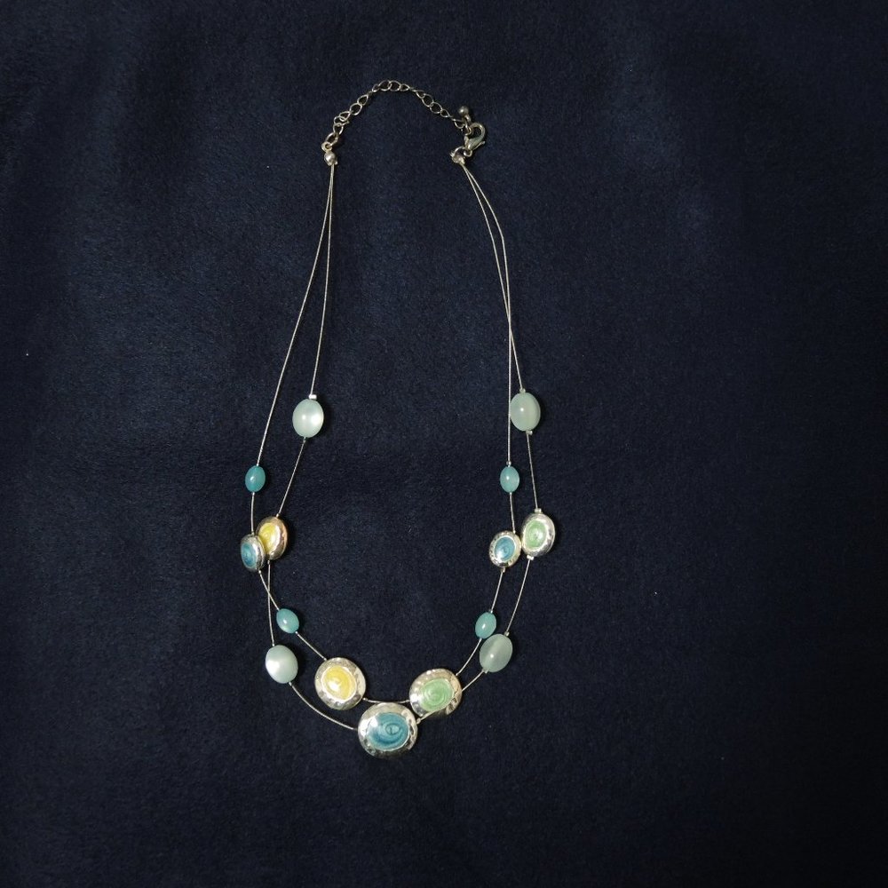 4/$25 Two Strand Necklace Blue Yellow Green with Silver Tone Accent 8" Drop